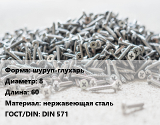 Шуруп шуруп-глухарь 8х60 нержавеющая сталь ГОСТ: DIN 571, шт цена от 29.81 Тг / кг, где купить, условия доставки в Шымкенте и Южно-Казахстанской области